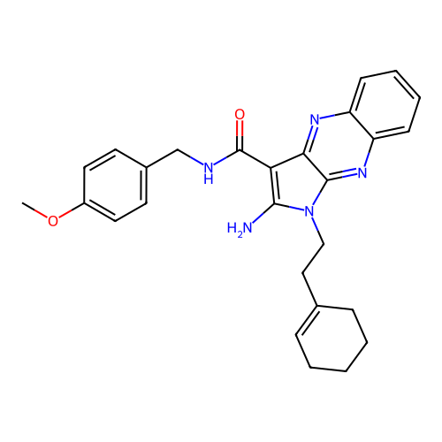 2-amino-1-(2-(cyclohex-1-en-1-yl)ethyl)-N-(4-methoxybenzyl)-1H-pyrrolo[2,3-b]quinoxaline-3-carboxamide structure