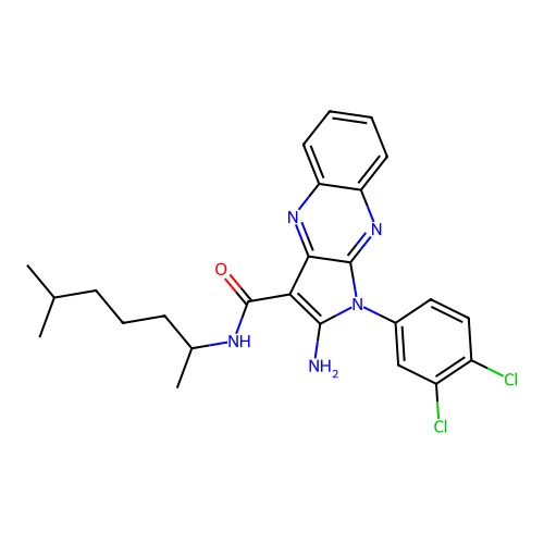 2-amino-1-(3,4-dichlorophenyl)-N-(6-methylheptan-2-yl)-1H-pyrrolo[2,3-b]quinoxaline-3-carboxamide structure