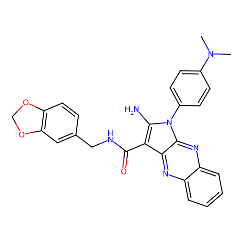 2-amino-N-(1,3-benzodioxol-5-ylmethyl)-1-(4-dimethylaminophenyl)pyrrolo[3,2-b]quinoxaline-3-carboxamide structure