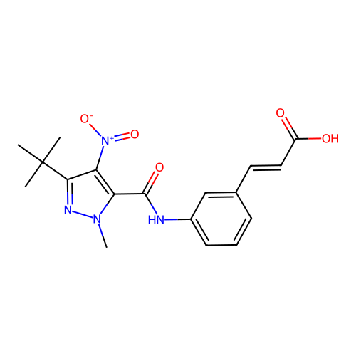 (E)-3-(3-(3-(tert-butyl)-1-methyl-4-nitro-1H-pyrazole-5-carboxamido)phenyl)acrylic acid structure