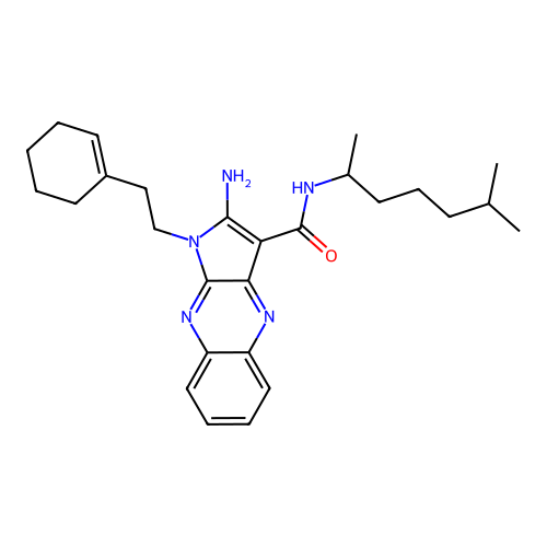 2-amino-1-(2-(cyclohex-1-en-1-yl)ethyl)-N-(6-methylheptan-2-yl)-1H-pyrrolo[2,3-b]quinoxaline-3-carboxamide structure