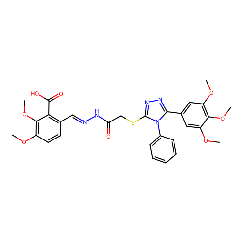 (E)-2,3-dimethoxy-6-((2-(2-((4-phenyl-5-(3,4,5-trimethoxyphenyl)-4H-1,2,4-triazol-3-yl)thio)acetyl)hydrazono)methyl)benzoic acid structure