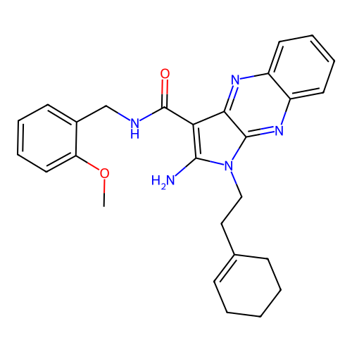 2-amino-1-(2-(cyclohex-1-en-1-yl)ethyl)-N-(2-methoxybenzyl)-1H-pyrrolo[2,3-b]quinoxaline-3-carboxamide structure