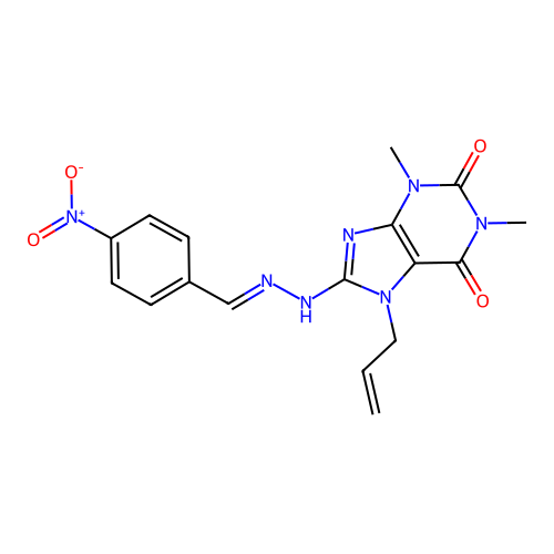 1,3-dimethyl-8-[(2E)-2-(4-nitrobenzylidene)hydrazinyl]-7-(prop-2-en-1-yl)-3,7-dihydro-1H-purine-2,6-dione structure