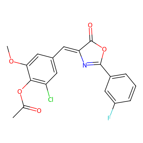(Z)-2-chloro-4-((2-(3-fluorophenyl)-5-oxooxazol-4(5H)-ylidene)methyl)-6-methoxyphenyl acetate structure