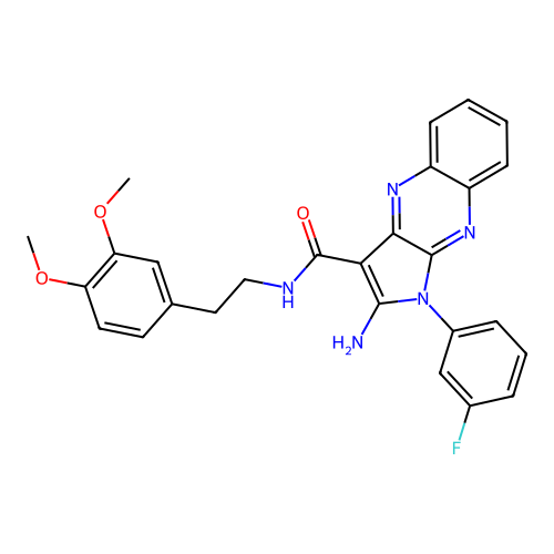 2-amino-N-[2-(3,4-dimethoxyphenyl)ethyl]-1-(3-fluorophenyl)-1H-pyrrolo[2,3-b]quinoxaline-3-carboxamide structure