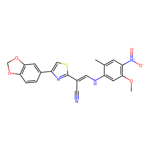 (2E)-2-[4-(1,3-benzodioxol-5-yl)-1,3-thiazol-2-yl]-3-[(5-methoxy-2-methyl-4-nitrophenyl)amino]prop-2-enenitrile structure