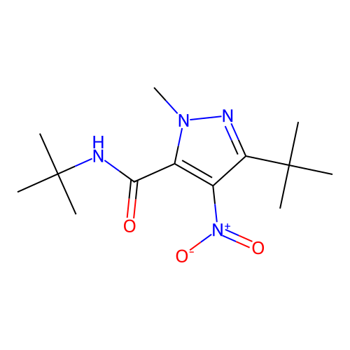 N,3-di-tert-butyl-1-methyl-4-nitro-1H-pyrazole-5-carboxamide structure