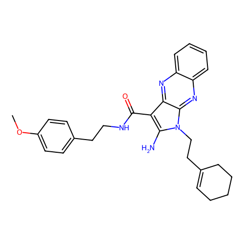 2-amino-1-(2-(cyclohex-1-en-1-yl)ethyl)-N-(4-methoxyphenethyl)-1H-pyrrolo[2,3-b]quinoxaline-3-carboxamide structure