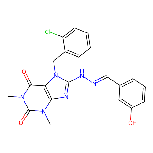 (E)-7-(2-chlorobenzyl)-8-(2-(3-hydroxybenzylidene)hydrazinyl)-1,3-dimethyl-1H-purine-2,6(3H,7H)-dione structure