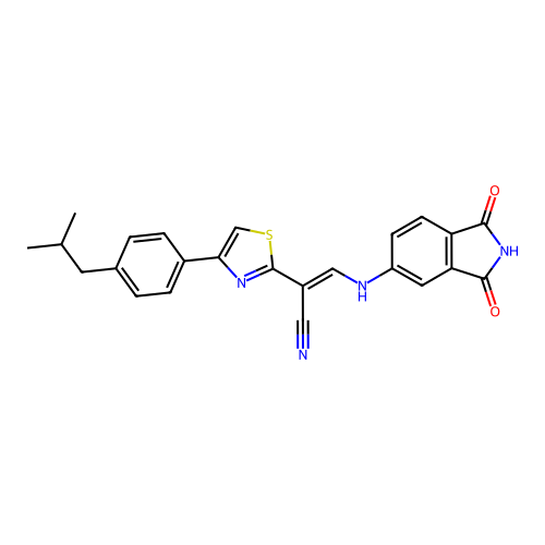 (E)-3-((1,3-dioxoisoindolin-5-yl)amino)-2-(4-(4-isobutylphenyl)thiazol-2-yl)acrylonitrile structure