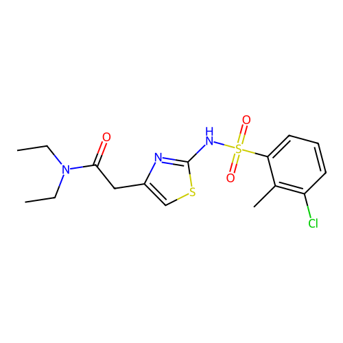 2-(2-(3-chloro-2-methylphenylsulfonamido)thiazol-4-yl)-N,N-diethylacetamide structure