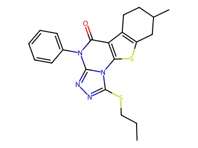 8-methyl-4-phenyl-1-(propylthio)-6,7,8,9-tetrahydrobenzo[4,5]thieno[3,2-e][1,2,4]triazolo[4,3-a]pyrimidin-5(4H)-one structure