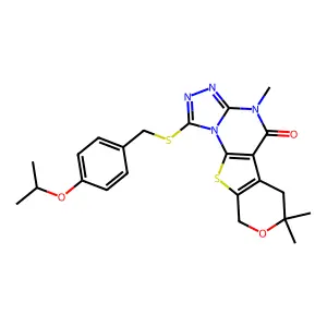 4,7,7-trimethyl-1-{[4-(propan-2-yloxy)benzyl]sulfanyl}-6,9-dihydro-7H-pyrano[4',3':4,5]thieno[3,2-e][1,2,4]triazolo[4,3-a]pyrimidin-5(4H)-one structure