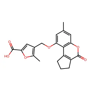 5-methyl-4-(((7-methyl-4-oxo-1,2,3,4-tetrahydrocyclopenta[c]chromen-9-yl)oxy)methyl)furan-2-carboxylic acid structure