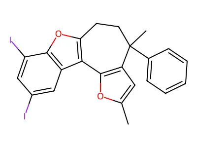 8,10-diiodo-2,4-dimethyl-4-phenyl-5,6-dihydro-4H-benzo[d]cyclohepta[1,2-b:3,4-b']difuran structure