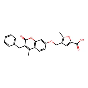 4-(((3-benzyl-4-methyl-2-oxo-2H-chromen-7-yl)oxy)methyl)-5-methylfuran-2-carboxylic acid structure