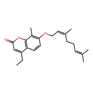7-{[(2E)-3,7-dimethyl-2,6-octadienyl]oxy}-4-ethyl-8-methyl-2H-chromen-2-one structure