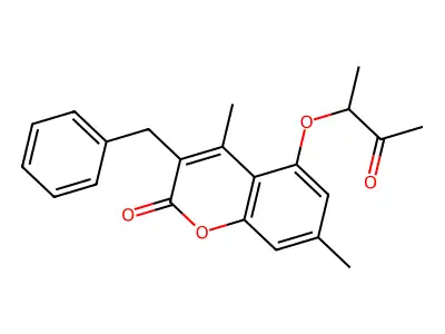 3-benzyl-4,7-dimethyl-5-(1-methyl-2-oxopropoxy)-2H-chromen-2-one structure