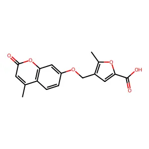 5-methyl-4-{[(4-methyl-2-oxo-2H-chromen-7-yl)oxy]methyl}-2-furoic acid structure