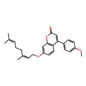 (E)-7-((3,7-dimethylocta-2,6-dien-1-yl)oxy)-4-(4-methoxyphenyl)-2H-chromen-2-one structure