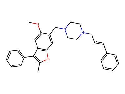 1-[(5-methoxy-2-methyl-3-phenyl-1-benzofuran-6-yl)methyl]-4-[(E)-3-phenylprop-2-enyl]piperazine structure