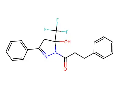 1-[5-hydroxy-3-phenyl-5-(trifluoromethyl)-4H-pyrazol-1-yl]-3-phenylpropan-1-one structure