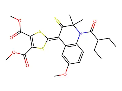 dimethyl 2-[1-(2-ethylbutanoyl)-6-methoxy-2,2-dimethyl-3-thioxo-2,3-dihydroquinolin-4(1H)-ylidene]-1,3-dithiole-4,5-dicarboxylate structure
