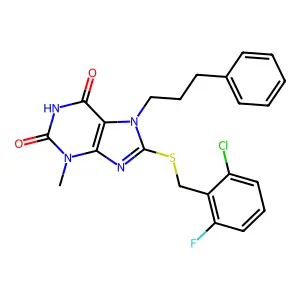 8-{[(2-chloro-6-fluorophenyl)methyl]sulfanyl}-3-methyl-7-(3-phenylpropyl)-2,3,6,7-tetrahydro-1H-purine-2,6-dione structure