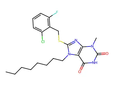 8-((2-chloro-6-fluorobenzyl)thio)-3-methyl-7-octyl-1H-purine-2,6(3H,7H)-dione structure