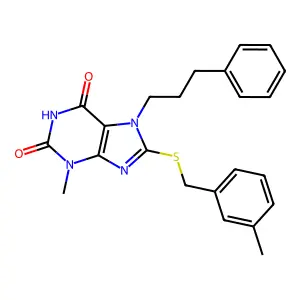 3-Methyl-8-[(3-methylphenyl)methylsulfanyl]-7-(3-phenylpropyl)purine-2,6-dione structure