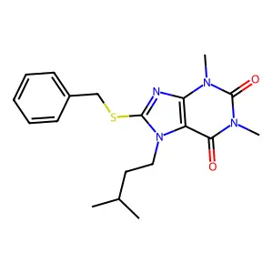 8-(benzylthio)-7-isopentyl-1,3-dimethyl-1H-purine-2,6(3H,7H)-dione structure