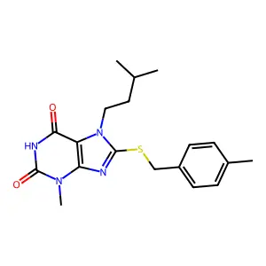 7-isopentyl-3-methyl-8-((4-methylbenzyl)thio)-1H-purine-2,6(3H,7H)-dione structure
