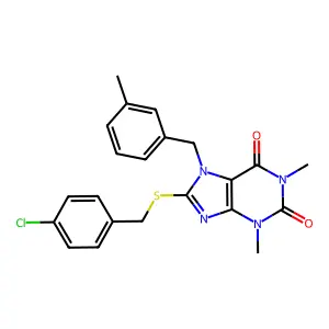 8-((4-chlorobenzyl)thio)-1,3-dimethyl-7-(3-methylbenzyl)-1H-purine-2,6(3H,7H)-dione structure