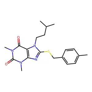 7-isopentyl-1,3-dimethyl-8-((4-methylbenzyl)thio)-1H-purine-2,6(3H,7H)-dione structure