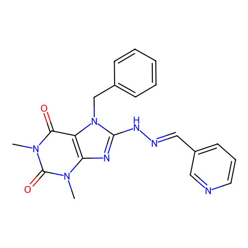 (E)-7-benzyl-1,3-dimethyl-8-(2-(pyridin-3-ylmethylene)hydrazinyl)-1H-purine-2,6(3H,7H)-dione structure