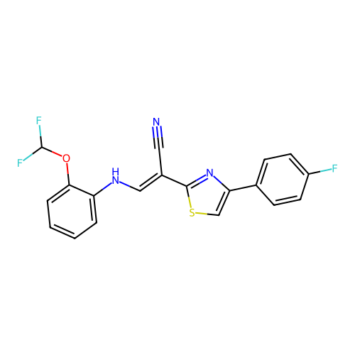(E)-3-((2-(difluoromethoxy)phenyl)amino)-2-(4-(4-fluorophenyl)thiazol-2-yl)acrylonitrile structure