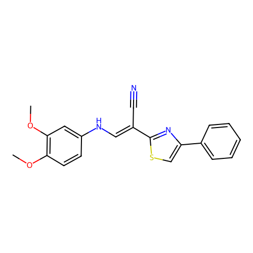 (E)-3-((3,4-dimethoxyphenyl)amino)-2-(4-phenylthiazol-2-yl)acrylonitrile structure
