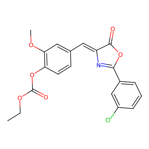(Z)-4-((2-(3-chlorophenyl)-5-oxooxazol-4(5H)-ylidene)methyl)-2-methoxyphenyl ethyl carbonate structure
