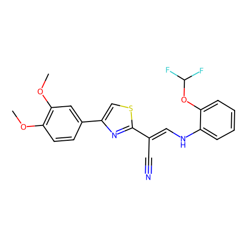 (2E)-3-{[2-(difluoromethoxy)phenyl]amino}-2-[4-(3,4-dimethoxyphenyl)-1,3-thiazol-2-yl]prop-2-enenitrile structure