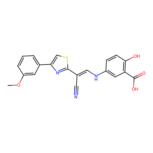 (E)-5-((2-cyano-2-(4-(3-methoxyphenyl)thiazol-2-yl)vinyl)amino)-2-hydroxybenzoic acid structure