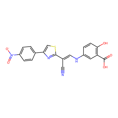 (E)-5-((2-cyano-2-(4-(4-nitrophenyl)thiazol-2-yl)vinyl)amino)-2-hydroxybenzoic acid structure