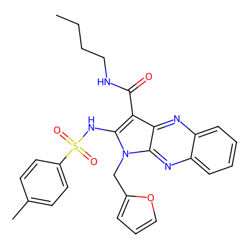 N-butyl-1-(furan-2-ylmethyl)-2-(4-methylphenylsulfonamido)-1H-pyrrolo[2,3-b]quinoxaline-3-carboxamide structure