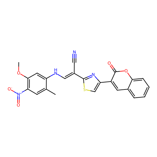 (2E)-3-[(5-methoxy-2-methyl-4-nitrophenyl)amino]-2-[4-(2-oxo-2H-chromen-3-yl)-1,3-thiazol-2-yl]prop-2-enenitrile structure