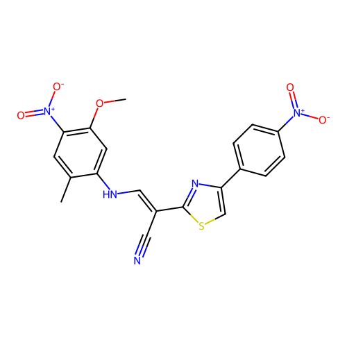 (2E)-3-[(5-methoxy-2-methyl-4-nitrophenyl)amino]-2-[4-(4-nitrophenyl)-1,3-thiazol-2-yl]prop-2-enenitrile structure