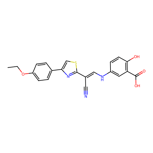 (E)-5-((2-cyano-2-(4-(4-ethoxyphenyl)thiazol-2-yl)vinyl)amino)-2-hydroxybenzoic acid structure