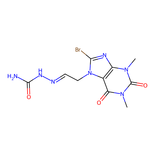(E)-2-(2-(8-bromo-1,3-dimethyl-2,6-dioxo-2,3-dihydro-1H-purin-7(6H)-yl)ethylidene)hydrazinecarboxamide structure