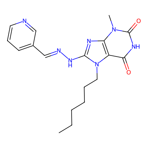 (E)-7-hexyl-3-methyl-8-(2-(pyridin-3-ylmethylene)hydrazinyl)-1H-purine-2,6(3H,7H)-dione structure