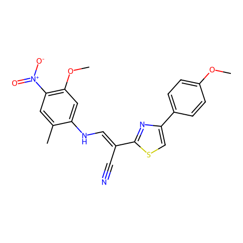 (2E)-3-[(5-methoxy-2-methyl-4-nitrophenyl)amino]-2-[4-(4-methoxyphenyl)-1,3-thiazol-2-yl]prop-2-enenitrile structure