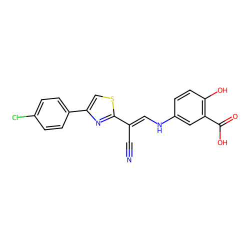 (E)-5-((2-(4-(4-chlorophenyl)thiazol-2-yl)-2-cyanovinyl)amino)-2-hydroxybenzoic acid structure